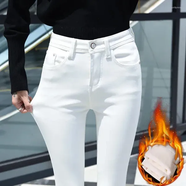Jeans para mujeres Blancos Agregar terciopelo Engrosar a las mujeres Otoño Invierno Versión coreana de pantalones de lápiz ajustados Mantenga la cintura alta de los pies negros cálidos