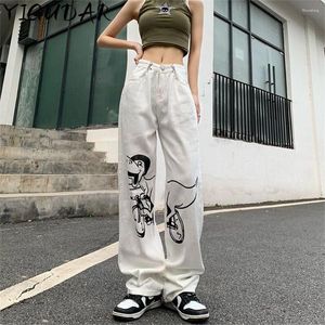 Jeans pour femmes Blanc Baggy Femmes Harajuku Style Y2K Streetwear Graffiti Stars Motif Denim Pantalon Taille Haute Droite Pantalon Large
