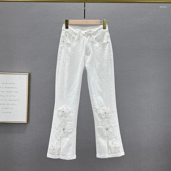 Jean femme blanc Denim Flare pantalon été extensible broderie strass pantacourt 2023 étudiants Jean