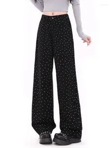 Jeans pour femmes conception d'imprimé floral blanc noir denim mince de rue mince pantalon pantalon droit de taille haute taille féminine