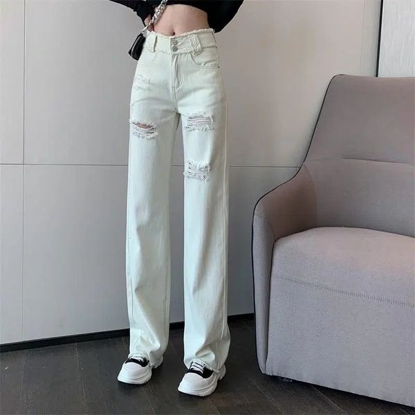 Jeans de mujer Women White Regisada Denim raspada de pierna recta y recta Versión coreana de Raw Edge Pant's Spring and Summer 230324