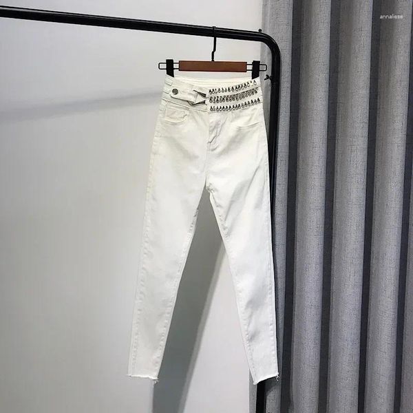 Jeans de mujer Pantalones blancos de cintura alta Ropa de primavera y verano para mujer Pantalones largos ajustados y delgados para pies pequeños