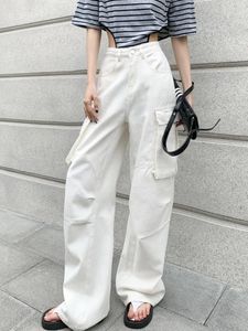 Jeans pour femmes poches blanches cargo femmes amples amples en ampoule pantalon denim streetwear 2024