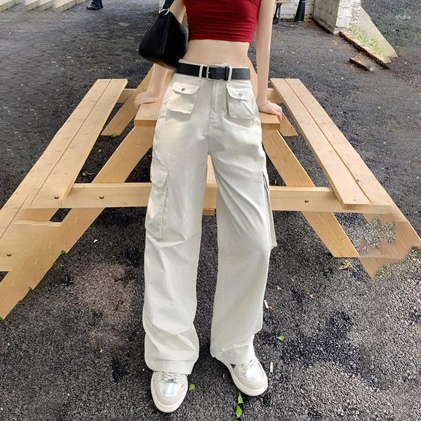 Jeans de mujer Pantalones de carga ocasionales delgados blancos Otoño Invierno Moda Multi-Bolsillo Suelto Pierna ancha Y2K Stretch Street Long