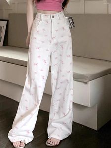 Jeans pour femmes Blanc Droit Femmes Vintage Floral Print Denim Pantalon Streetwear Printemps 2024