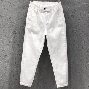 Jeans pour femmes Blanc Été Automne Femmes Taille élastique Lâche Dames Femmes Lavé Coton Denim Sarouel Pantalon K450