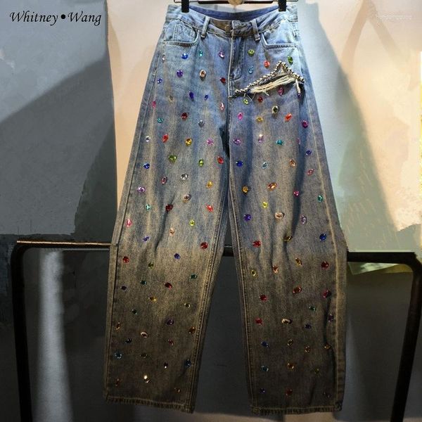 Pantalones vaqueros de mujer WHITNEY WANG estilo de diseñador 2023 primavera moda Streetwear cristales hechos a mano rebordear recto mujeres elegantes pantalones de mezclilla