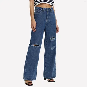 Jeans féminins à jambe large pantalon en jean cuit mi-taille petit ami avec des poches de poches minces pantalons de survêtement vintage pour les femmes 2024