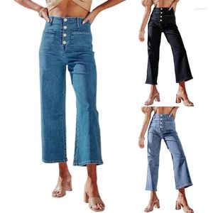 Jeans pour femmes jambe large Denims pantalon taille haute bouton recadrée Capris femmes