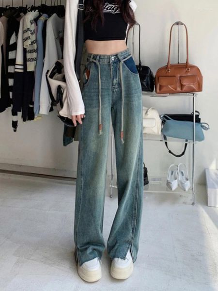 Jeans pour femmes larges larges femmes automne au style européen rétro draw-cordon vintage lavage simple streetwear quotidien élégant élégant effilochée