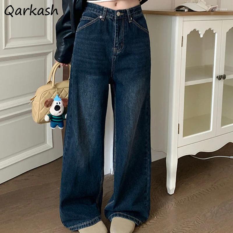 Kvinnors jeans breda ben kvinnor höst vintage mager knappar streetwear all-match solid hög midja denim kvinnliga raka byxor lös