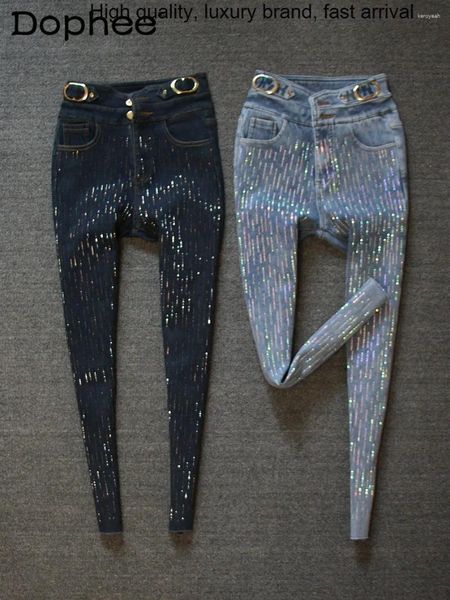Jeans pour femmes hiver 2023 taille haute boucle en métal pleine couleur du corps rayé strass brillant femmes streetwear stretch denim pantalon