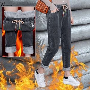 Dames jeans winter baggy warme fleece gevoerde harem jeans dames vintage drawstring denim broek plus fluwelen vaqueros dikker capris pantalones 230303