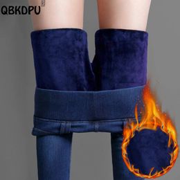 Jeans femininos inverno azul mais veludo quente mulheres vintage elástico cintura alta grossa vaqueros mãe skinny calças casuais lã denim calças 221115