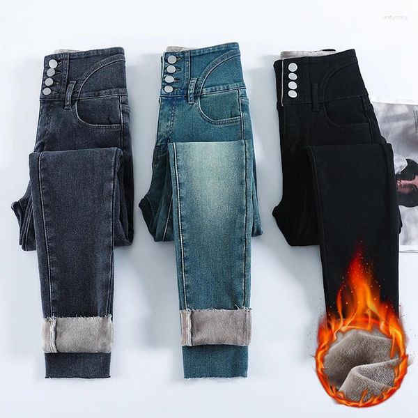 Jeans para mujeres Winter Fleece cálido de cintura alta calmante Pantalones elásticos de la elástica Fashion Velvet Black Leggings negros