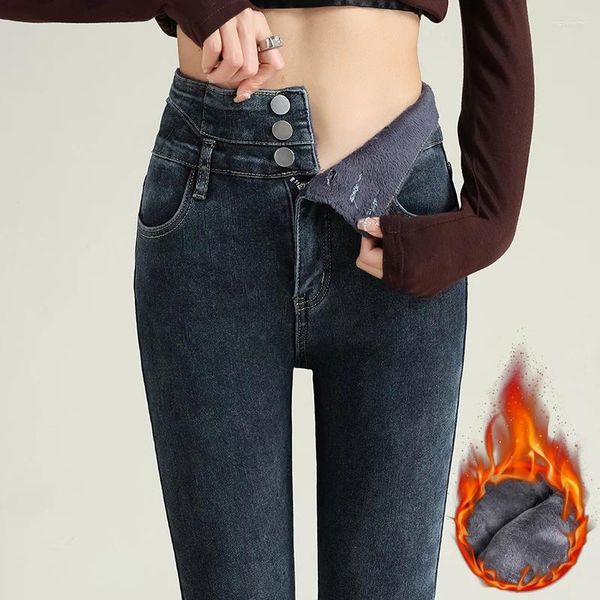 Pantalones vaqueros de mujer de invierno de cintura alta elásticos ajustados gruesos cálidos terciopelo abotonado moda coreana pantalones de tubo ajustados negro azul gris