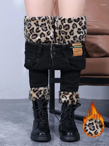 Jeans para mujeres Winter Winter High Wisting Leopard Lavado Longitud de tobillo Pantalones de mezclilla Corea Moda Doble Button Streetwear Lápiz de estiramiento Cálido