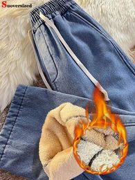 Jeans pour femmes hiver doublé en peluche surdimensionné 95kg droit épais Baggy taille haute pantalon en jean chaud décontracté Vaqueros femme pantalon bleu