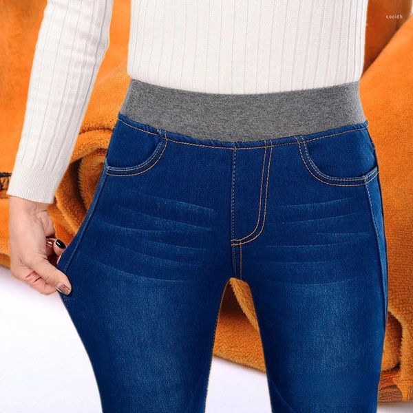 Jeans para mujer Invierno Grueso Terciopelo Fleece Cálido Mujeres Elástico Alto Cintura Flaco Mamá Estiramiento Femenino Denim Lápiz Pantalones