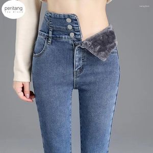 Dames jeans winter dik fluwelen vrouwen hoge taille mager eenvoudig fleece warme slanke fit stretch dames casual denim potloodbroek