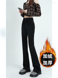 Jeans femme hiver épais chaud femmes taille haute jambe large pantalon évasé pour bureau maigre botte coupe femme pantalon T403