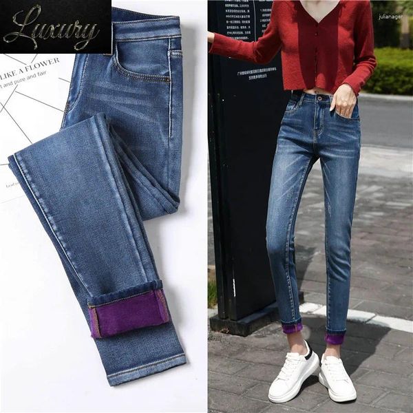 Jeans féminins hiver épais femmes chaleureuses maigres simples stretch velours polece femelle haute taille pantalon crayon crayon vêtements 36 38 40