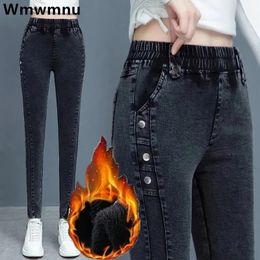 Jean femme hiver épaissir crayon Jean maigre peluche velours doublé Denim pantalon haut Wasit grande taille 34 chaud Vaqueros Stretch Kot Pantolon 231101