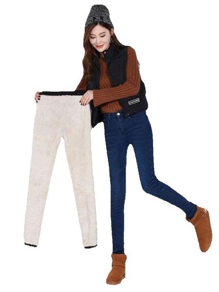 Jeans pour femmes hiver chaud polaire doublé épaissir crayon taille haute pantalon en denim maigre plus taille 34 décontracté vaqueros stretch femme pantalon gg