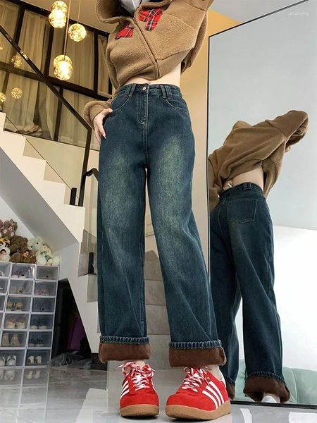 Pantalones vaqueros de mujer Invierno Cálido Moda Mujer Slim Espesar Pantalones de lana Cintura alta Elástico Flaco Terciopelo Plus Longitud Mujer Pantalones de mezclilla