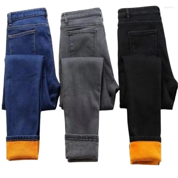 Jeans para mujer Invierno Cálido Mujeres Alta Cintura Aumento Abajo Más Tamaño Bound Terciopelo Pantalones Elásticos Pantalones