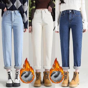 Jeans Femme Hiver Femmes Thermique Harem Droite Neige Chaud Peluche Stretch Vintage Blanc Bleu Streetwear Pantalon Pantalon Lâche