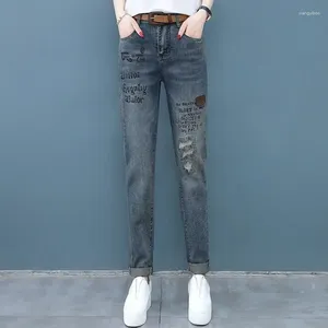 Jean femme avec trous brodé taille haute S poches pantalon déchiré pour femme pantalon bleu déchiré en Grunge Y2k A