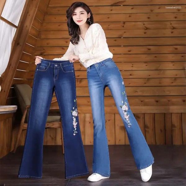 Jeans pour femmes avec poches Femmes Bell Bottom Taille haute S Pantalon pour femme Pantalon bleu brodé Flare évasé en vente élégant Emo