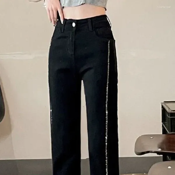 Jean femme avec fentes pantalon droit tuyau et pantacourt pour femme poches strass noir taille haute S