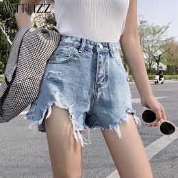Jeans para mujeres con la tendencia de verano de verano Holteo de personalidad para mujeres pantalones de color cortometraje de mezclilla de color roto vintage Versión de cintura alta