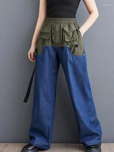 Damesjeans Dames 2024 Lente en zomer Koreaans denim Contrastkleurig Casual Recht Veelzijdig Street chic Elastische taille Wijde pijpen Broek