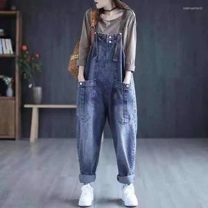 Jeans pour femmes femme décontracté solide Denim combinaison femme élégant taille moyenne poche ample barboteuse dames printemps jambe large pantalon Cowboy salopette