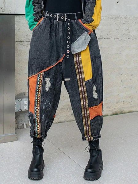 Jeans pour femmes femme mode personnalisation de couleurs personnalisées bloquant le pantalon rétro de denim harem lâche et usé pantalon de patchwork streetwear ample et usé