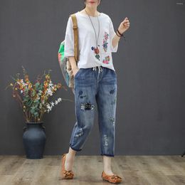 Jeans pour femmes Femme High Street Vintage Broderie Taille élastique Coupe Coréenne Streetwear Rétro Pantalon Pantalones De Mujer