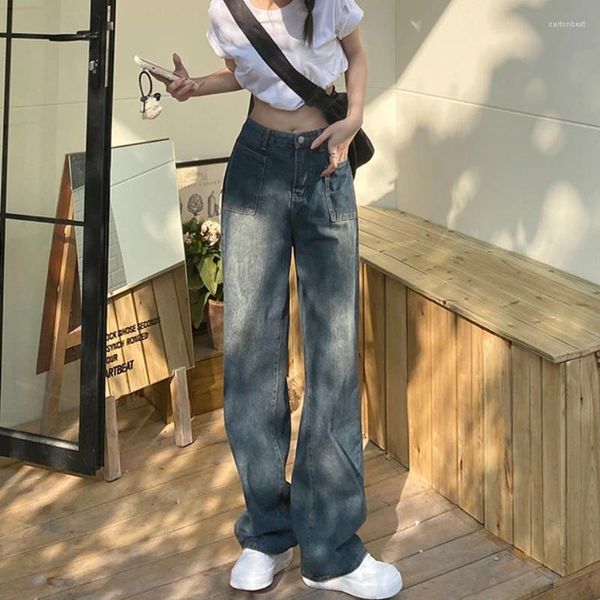 Jeans Femme Femme Taille Haute Baggy Large Jambe Coton Denim Vêtements Bleu Blanc Streetwear Vintage Mode Harajuku Pantalon Droit