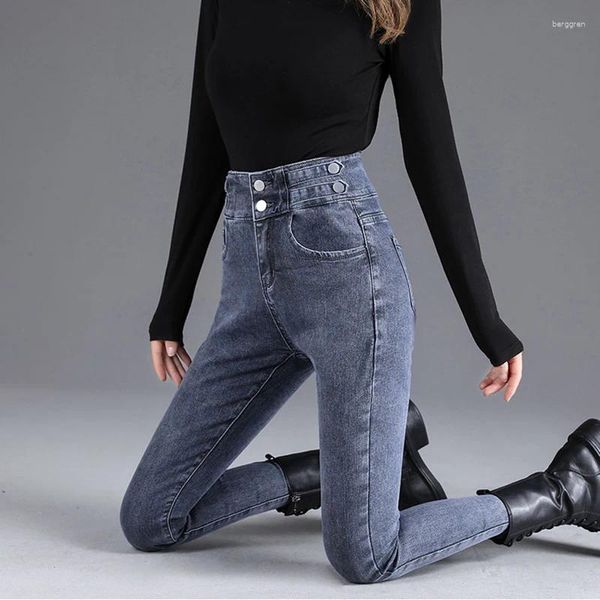 Jeans para mujer Mujer Cintura alta Estiramiento Flaco Lápiz Pantalones Mujer Elástico Slim Tobillo Longitud Denim con botones Mujer Primavera Negro