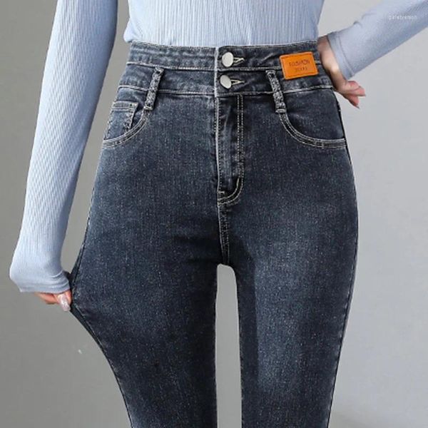 Jeans para mujer Pantalones de cintura alta para mujer Pantalones de mezclilla clásicos rasgados elásticos para mujer Azul Gris