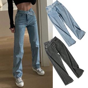 Jeans femme femme ceinture oblique taille haute vêtements jambe large denim vêtements bleu gris streetwear vintage mode harajuku pantalon droit 231101