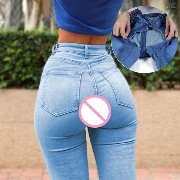 Pantalones vaqueros de mujer con entrepierna abierta Sexy sin entrepierna pantalones de moda elástico Fitness deporte Booty Lifter cremallera oculta Club pareja juego sexual