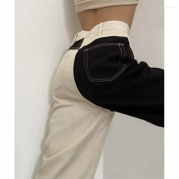 Jeans Femme Femme Pantalon Noir Blanc Couture Droite Automne Hiver Taille Haute Baggy Pantalones Vaqueros Mujer