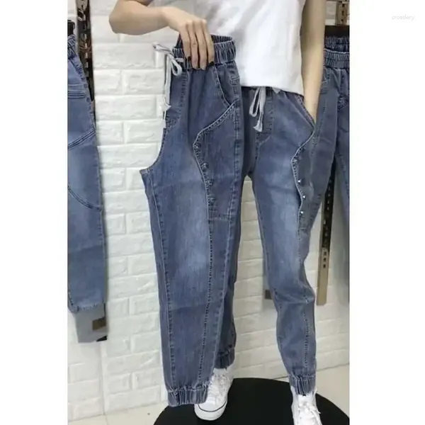 Jeans pour femmes pantalons femme taille élastique à la cheville attachée à la cheville lâche neuvième pantalones skinny vaqueros mujer