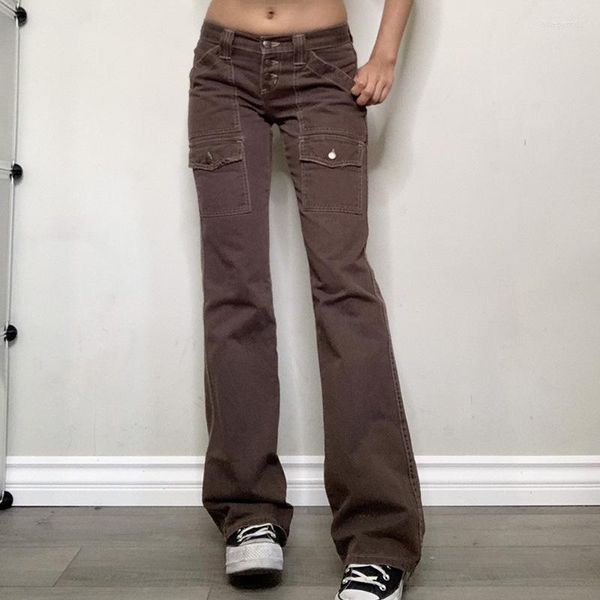Jeans pour femmes femme rétro streetwear boutonné taille basse avec poches esthétique indépendante pleine longueur pantalon en denim marron tenue des années 90