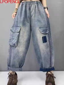 Dames jeans vrouw lente en zomer 2024 Persoonlijkheid grote zak gewassen denim harem broek bedroefd losse elastische taille