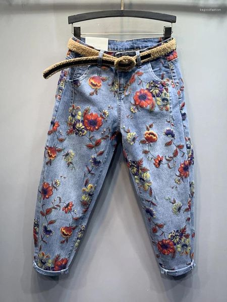 Jeans pour femmes Femmes 2023 Pantalon sarouel surdimensionné Bleu clair Denim Lâche Longueur de la cheville Fleur Imprimer Pantalon décontracté