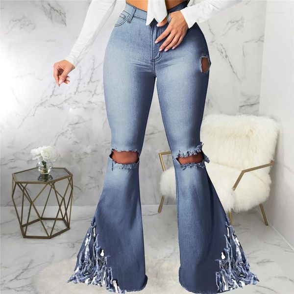 Jeans femmes femmes 2023 Vintage maigre évasé Denim pantalon Streetwear solide découpé trou déchiré taille haute glands surdimensionné pantalon